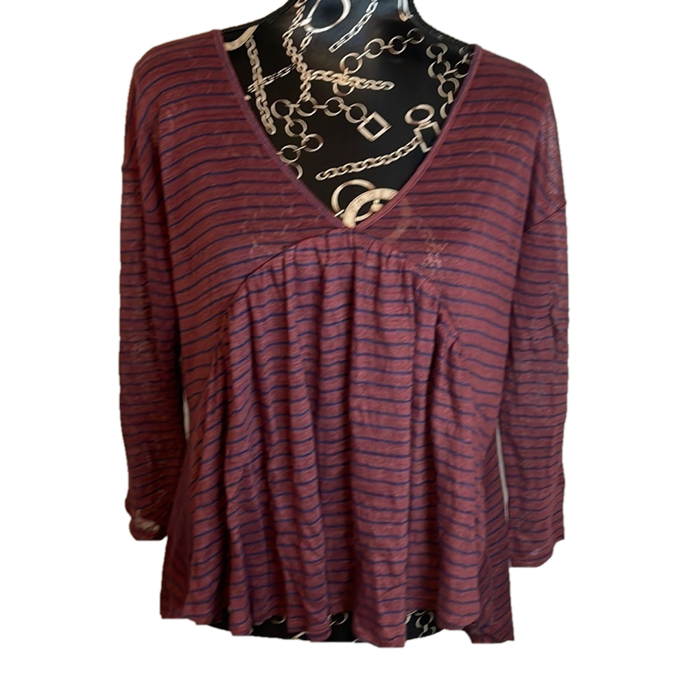 Lucky Brand Striped Long Sleeve Top V Neck Criss Cross Back Blouse Small‎